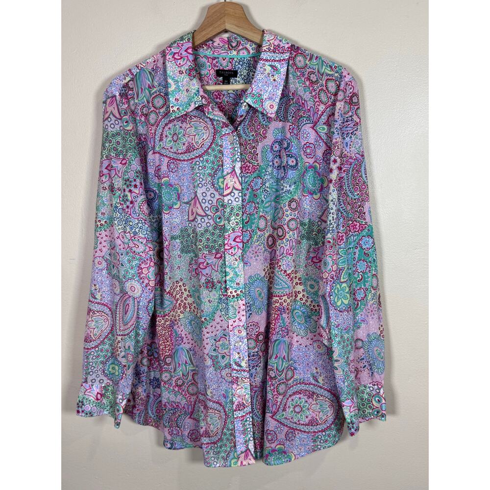 Talbots Womens Plus Size Button Down Shirt Floral 2X 100% Cotton Artsy